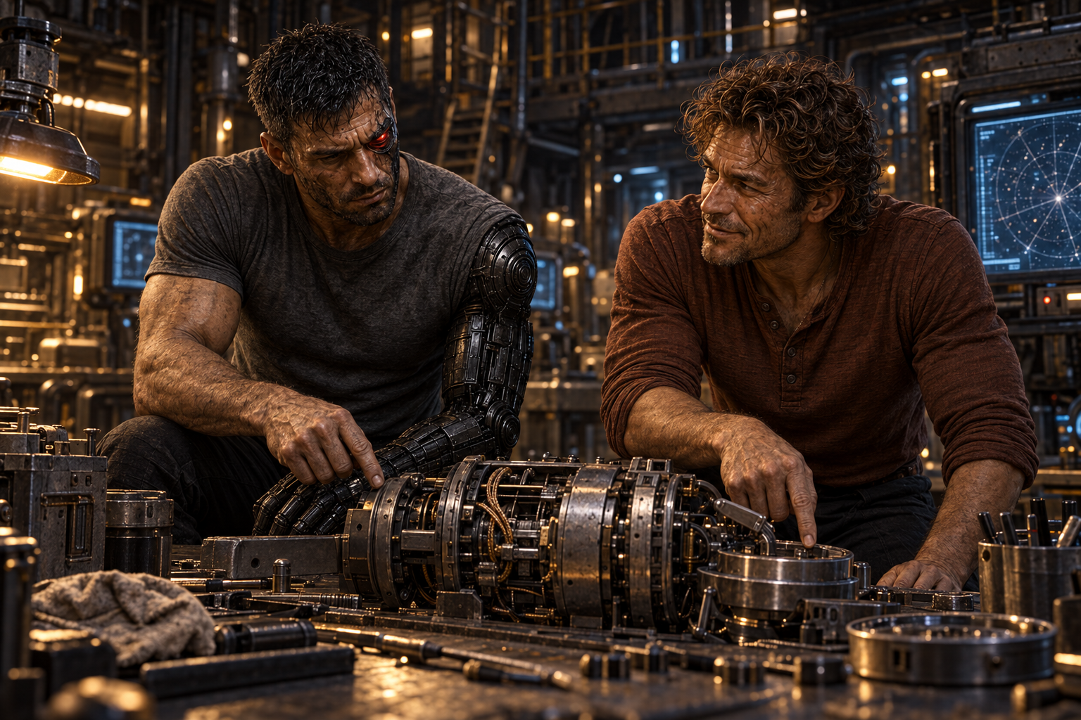Blymer and Orrulun repairing ship machinery together